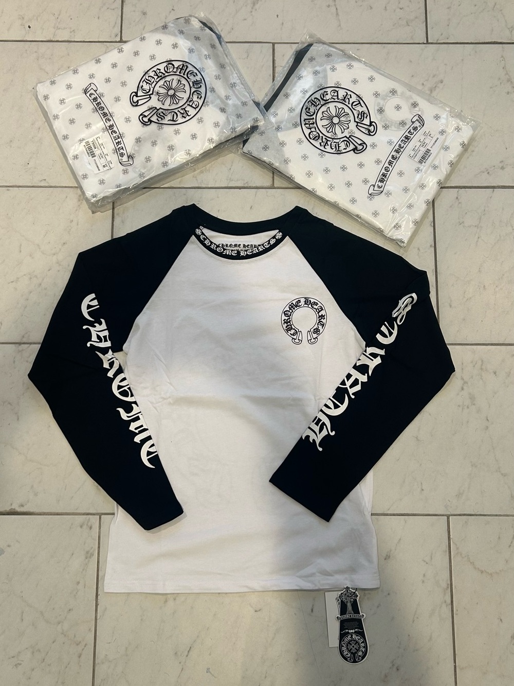 Chrome Hearts Black and White Raglan Long Sleeve Tee with Logo Sleeves